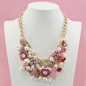 Betsey Johnson Baking Bib Necklace Strawberry Cake Pie Hearts Coquette Gifts NWT